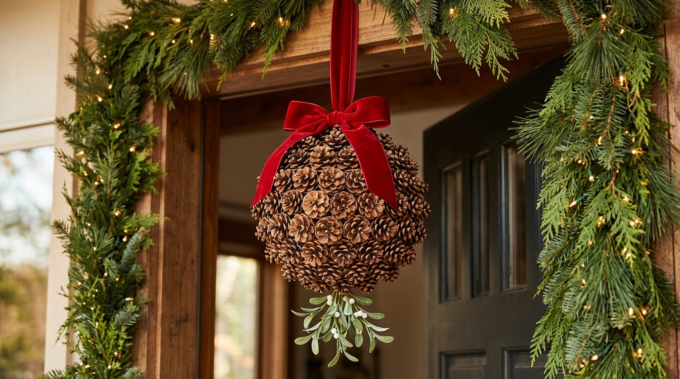 A round kissing ball hanging from a red velvet ribbon in a doorway trimmed with greenery