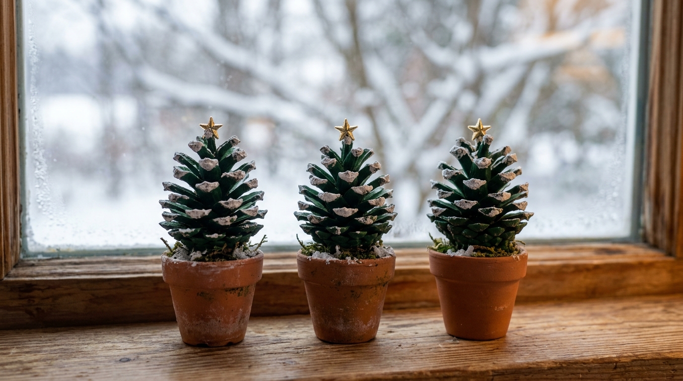 Three green painted cones in tiny clay pots like mini trees on a windowsill