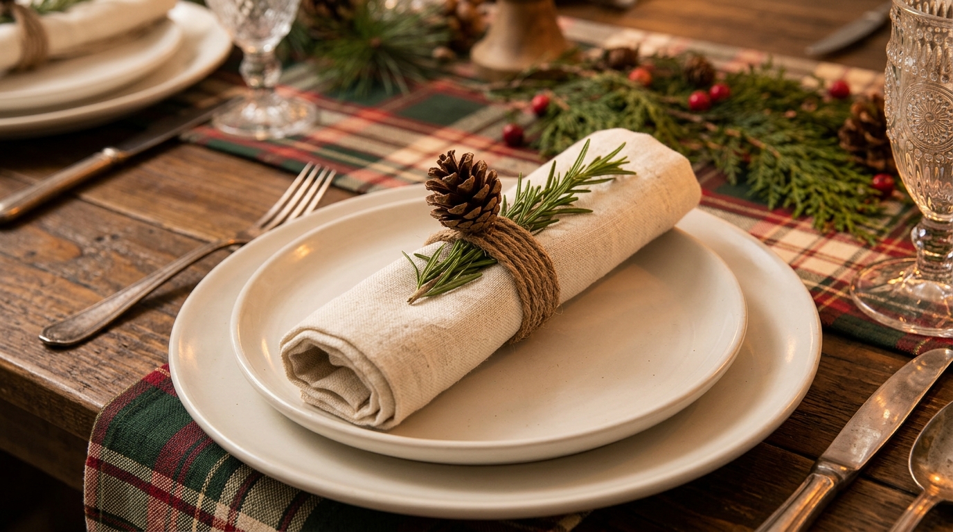 Pine cone Christmas crafts: a linen napkin held by a twine napkin ring with a small pine cone and rosemary