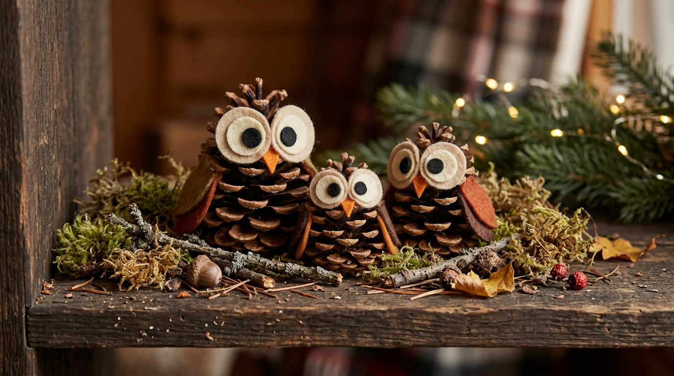 Three little owls with felt eyes and wings sitting on a mossy wooden shelf