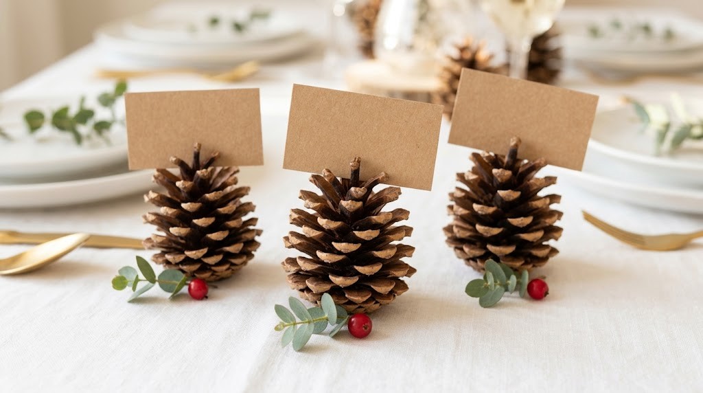 Emily Post Christmas table place cards held by pine cones