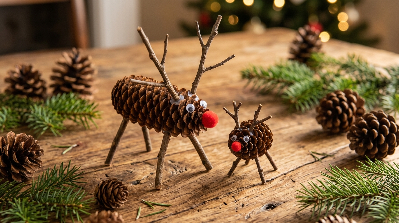 Pine cone Christmas crafts: two pine cone reindeer with twig legs, twig antlers and red pom pom noses