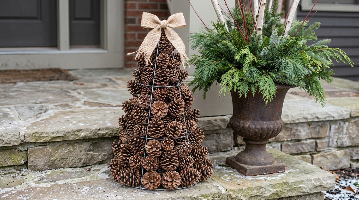 Tomato cage tree filled with pine cones and a burlap bow on a stone step