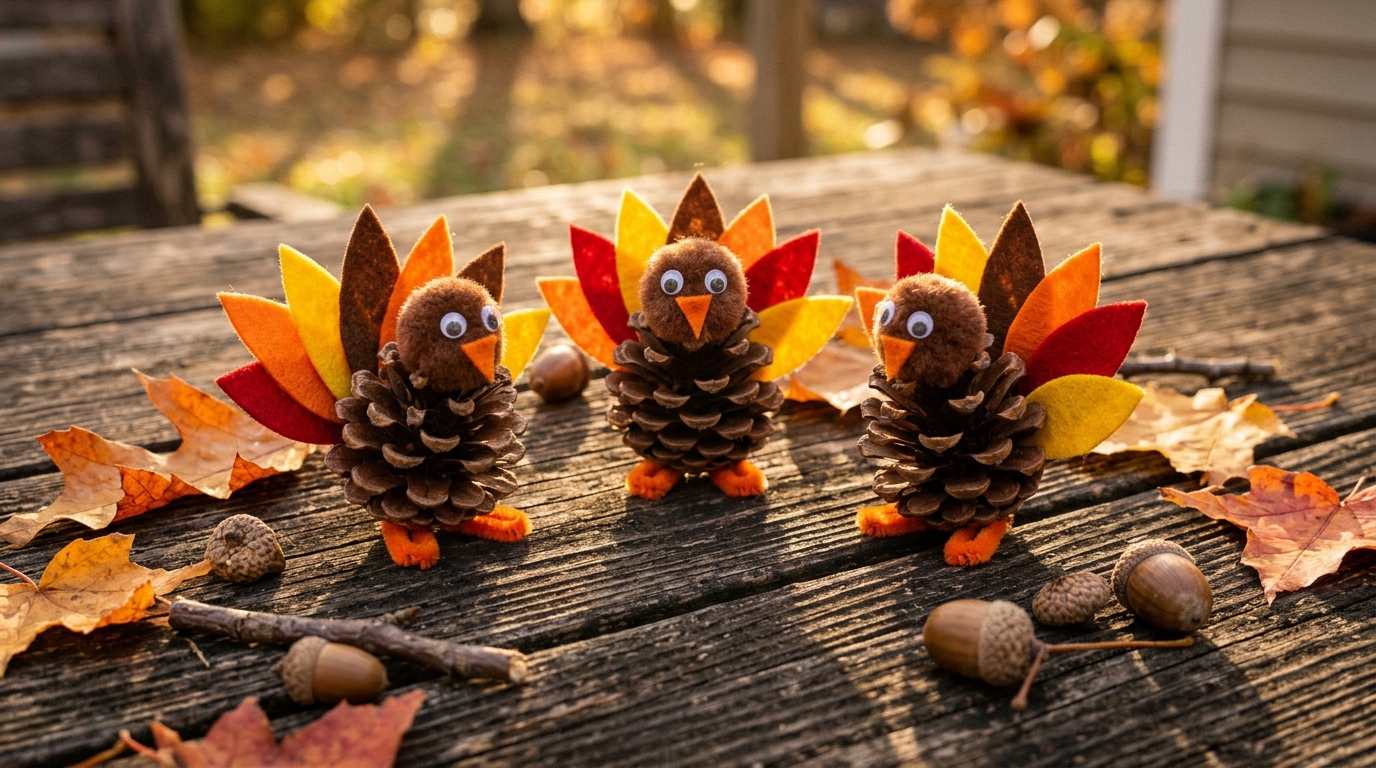 Turkey crafts for kids: three pine cone turkeys with felt feather tails and pom pom heads on a rustic table