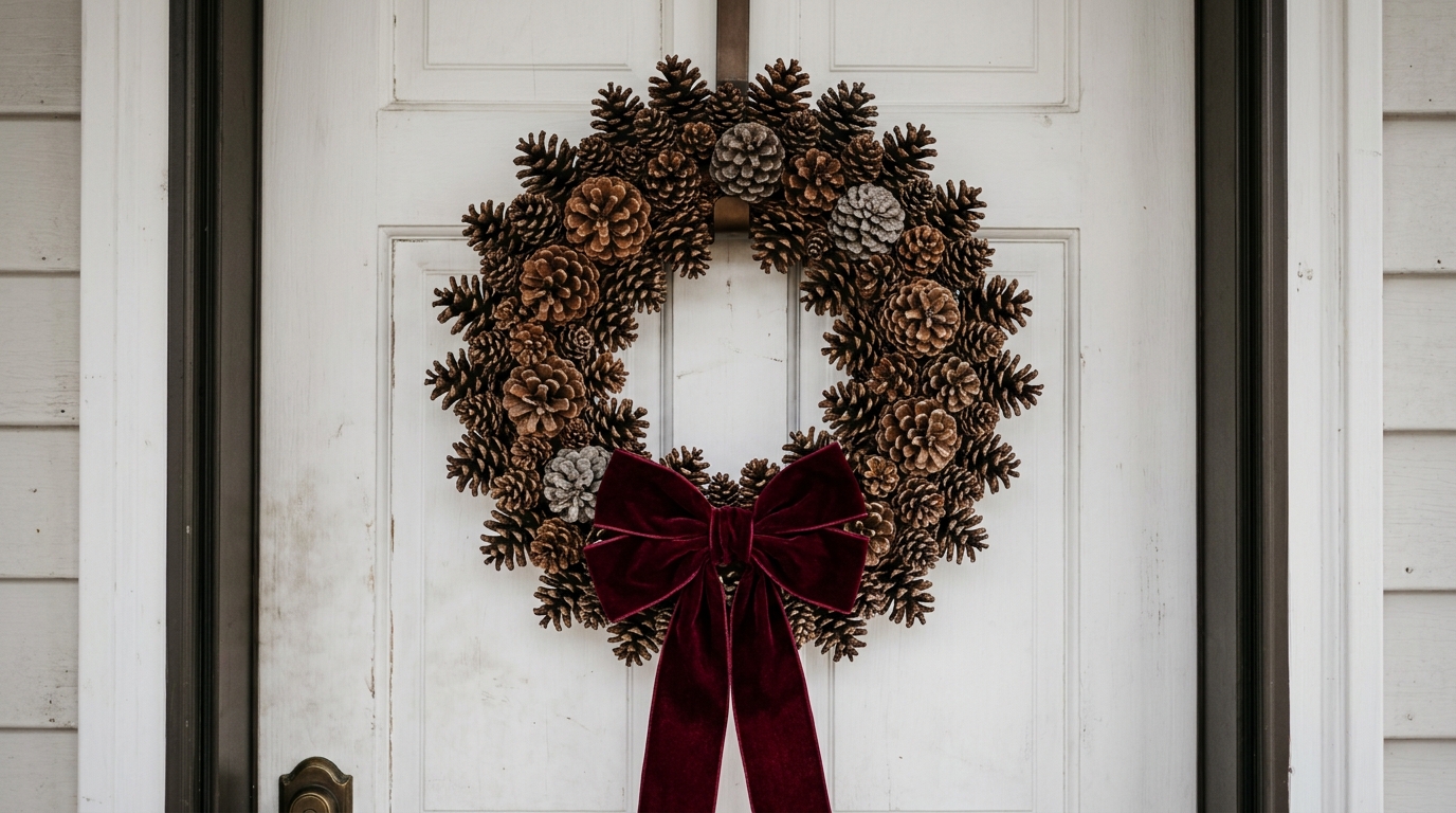 Pine cone Christmas crafts: a full pine cone wreath with a burgundy velvet bow on a white front door