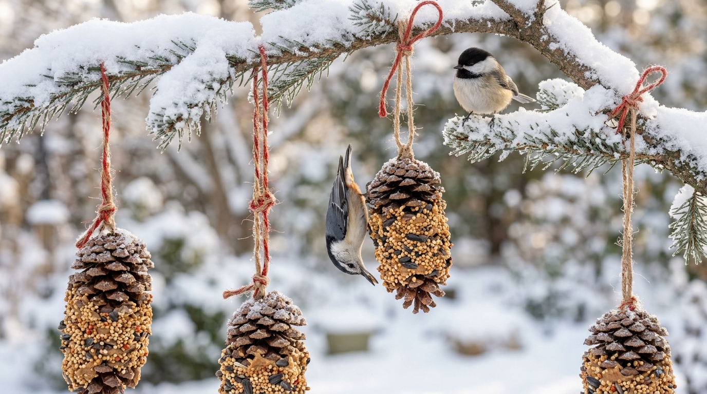 Pinecones rolled in birdseed hanging from a snowy branch with a nuthatch