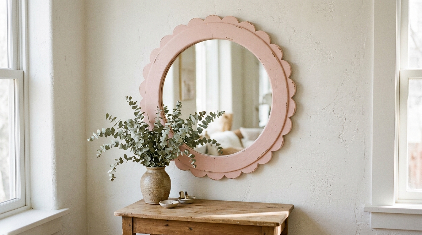 Round mirror with a blush pink scalloped wooden frame above a small table with eucalyptus