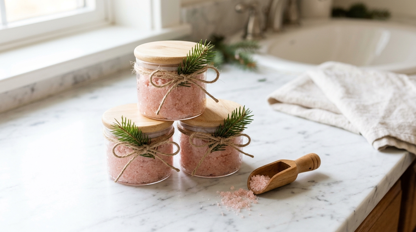 Homemade pink sugar scrub in small glass jars with wooden lids and twine