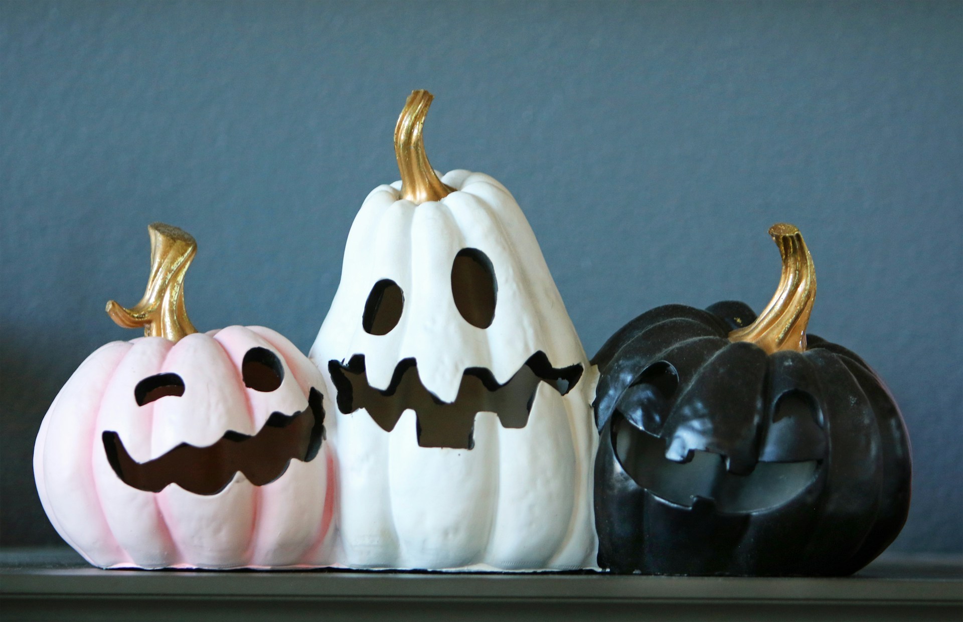 Martha Stewart Halloween pink, white and black carved craft pumpkins with gold painted stems
