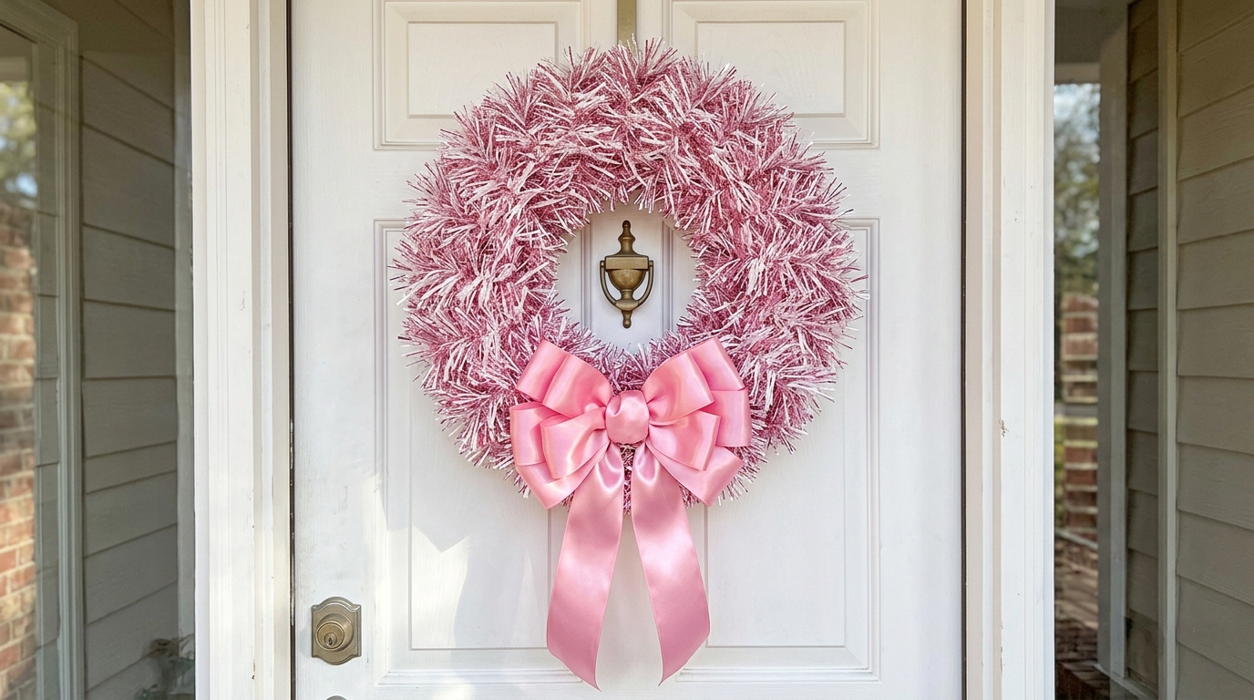 Mariah Carey Christmas inspired pink and white tinsel wreath with a satin bow on a white door