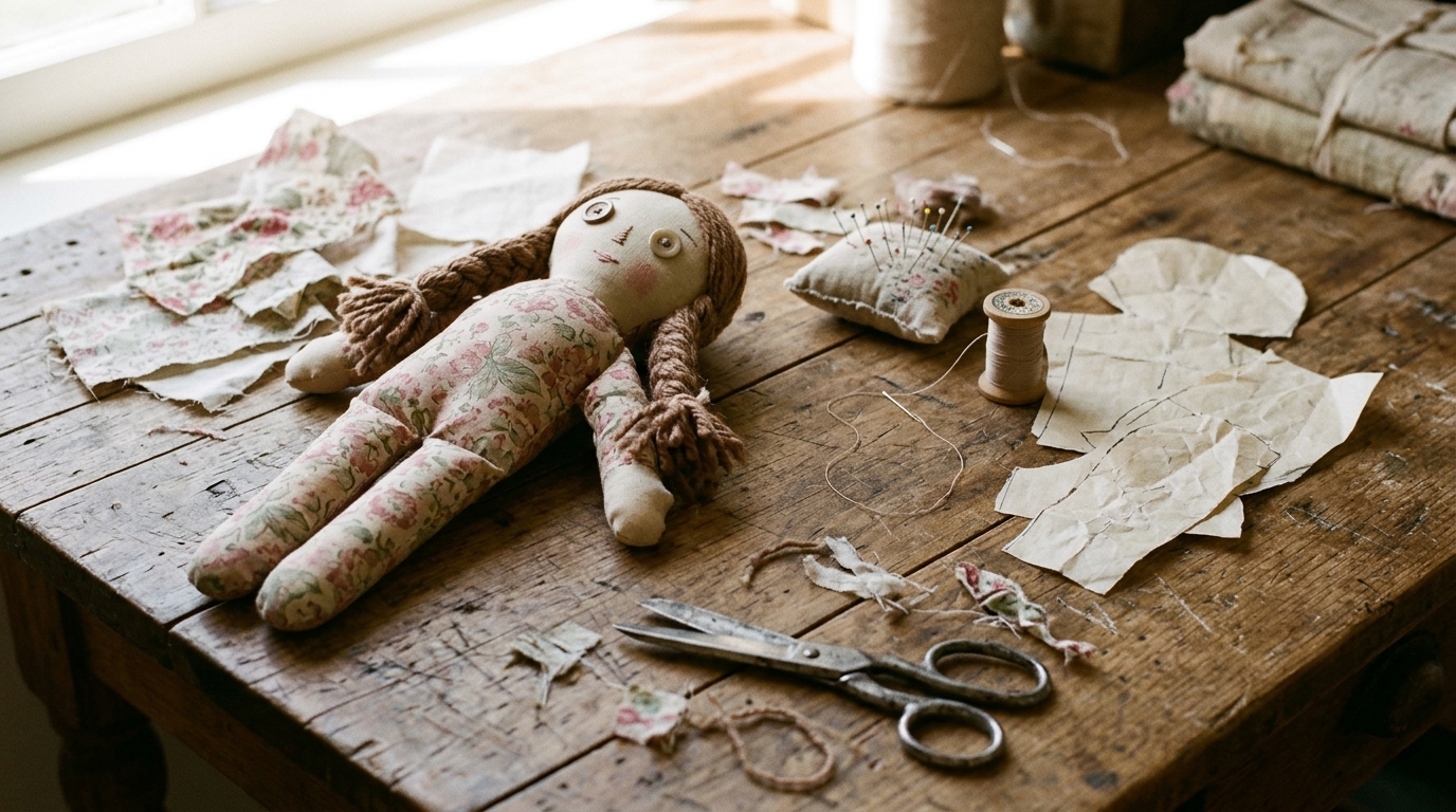 Laura Ingalls Wilder inspired rag doll made from floral fabric scraps with yarn braids