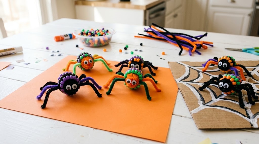 Halloween crafts for kids: pipe cleaner spiders with colorful bead bodies and googly eyes