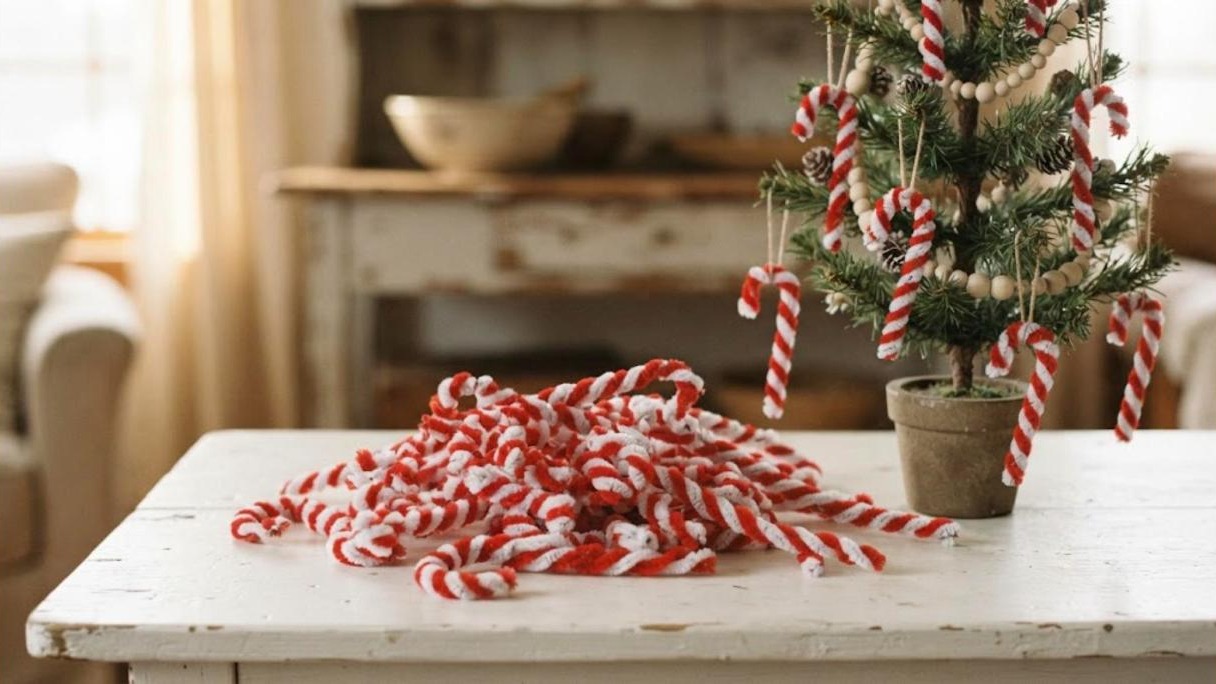 Red and white pipe cleaner candy cane ornaments piled on a table and hanging on a small tree