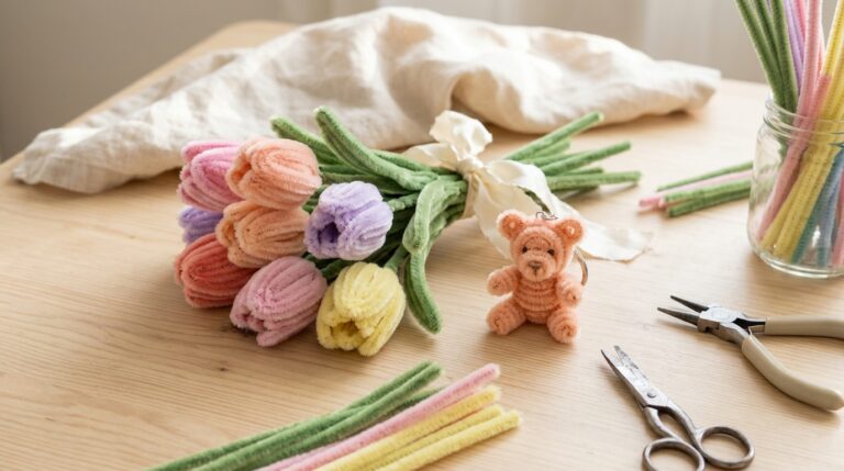 Pipe cleaner crafts: pastel fuzzy tulip bouquet and a peach teddy bear keychain on a light wooden table