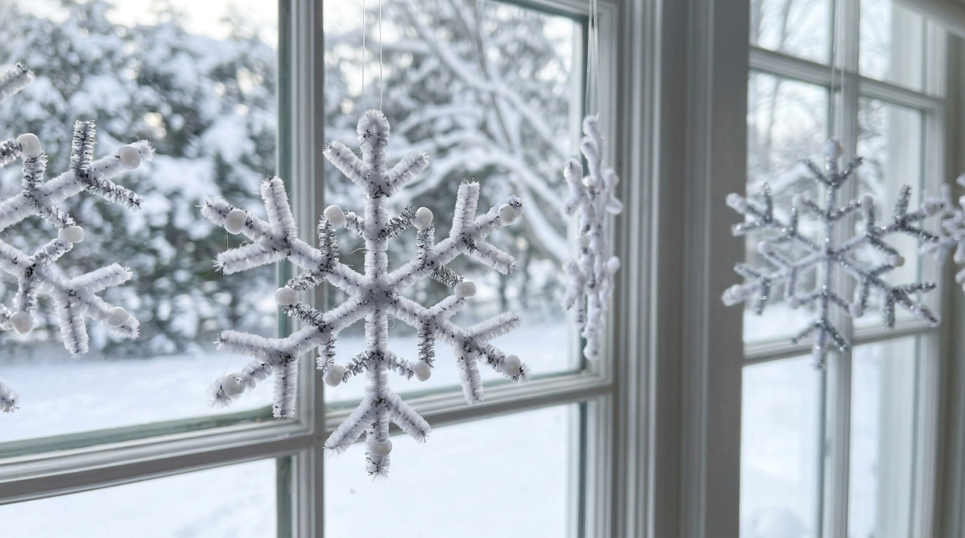 White and silver glittery pipe cleaner snowflakes hanging in a snowy window