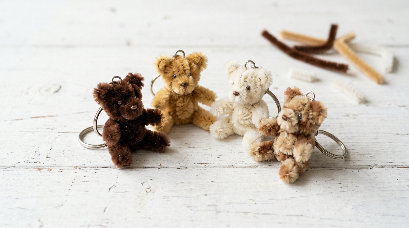 Four tiny fuzzy pipe cleaner teddy bear keychains on a white table