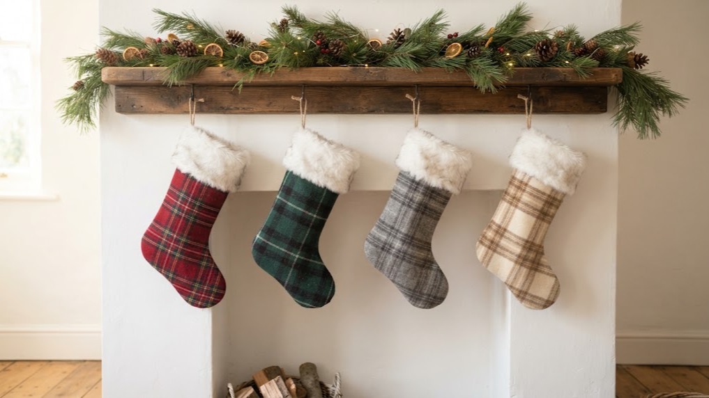 Plaid Christmas decor stockings sewn from old wool blankets on a wooden mantel