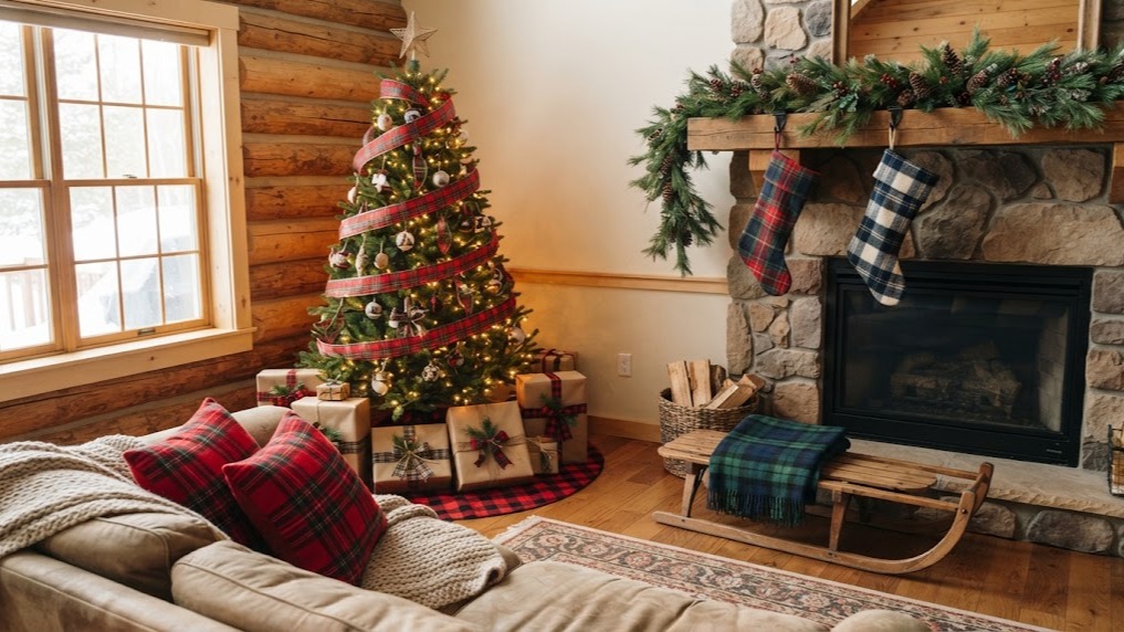 Plaid Christmas decor in a cabin living room with a tartan ribbon tree, plaid stockings and flannel pillows