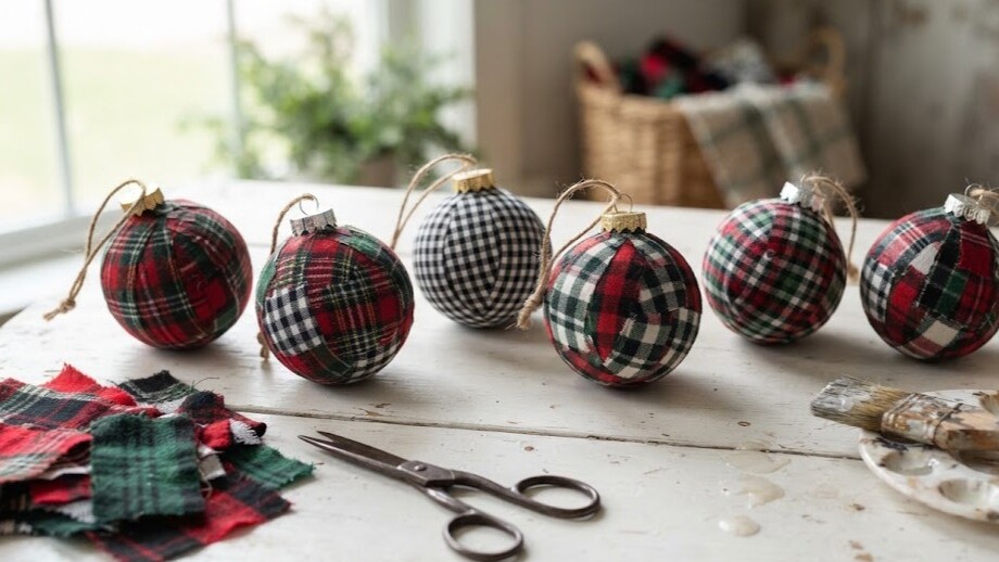 Six round ornaments covered in plaid flannel fabric scraps on a white craft table