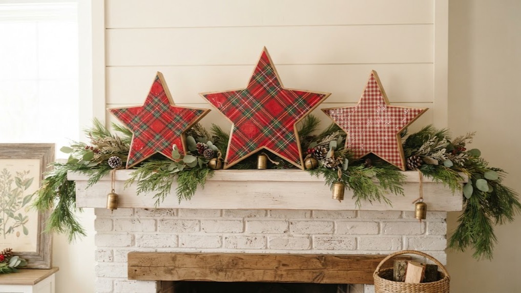 Plaid Christmas decor wooden stars covered in fabric on a white mantel