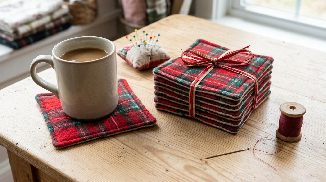 Red tartan flannel squares stacked with ribbon beside a coffee mug and a spool of thread