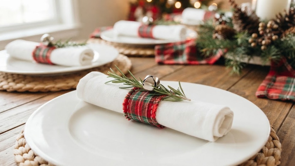 White napkins rolled in red plaid fabric napkin rings with silver jingle bells and rosemary