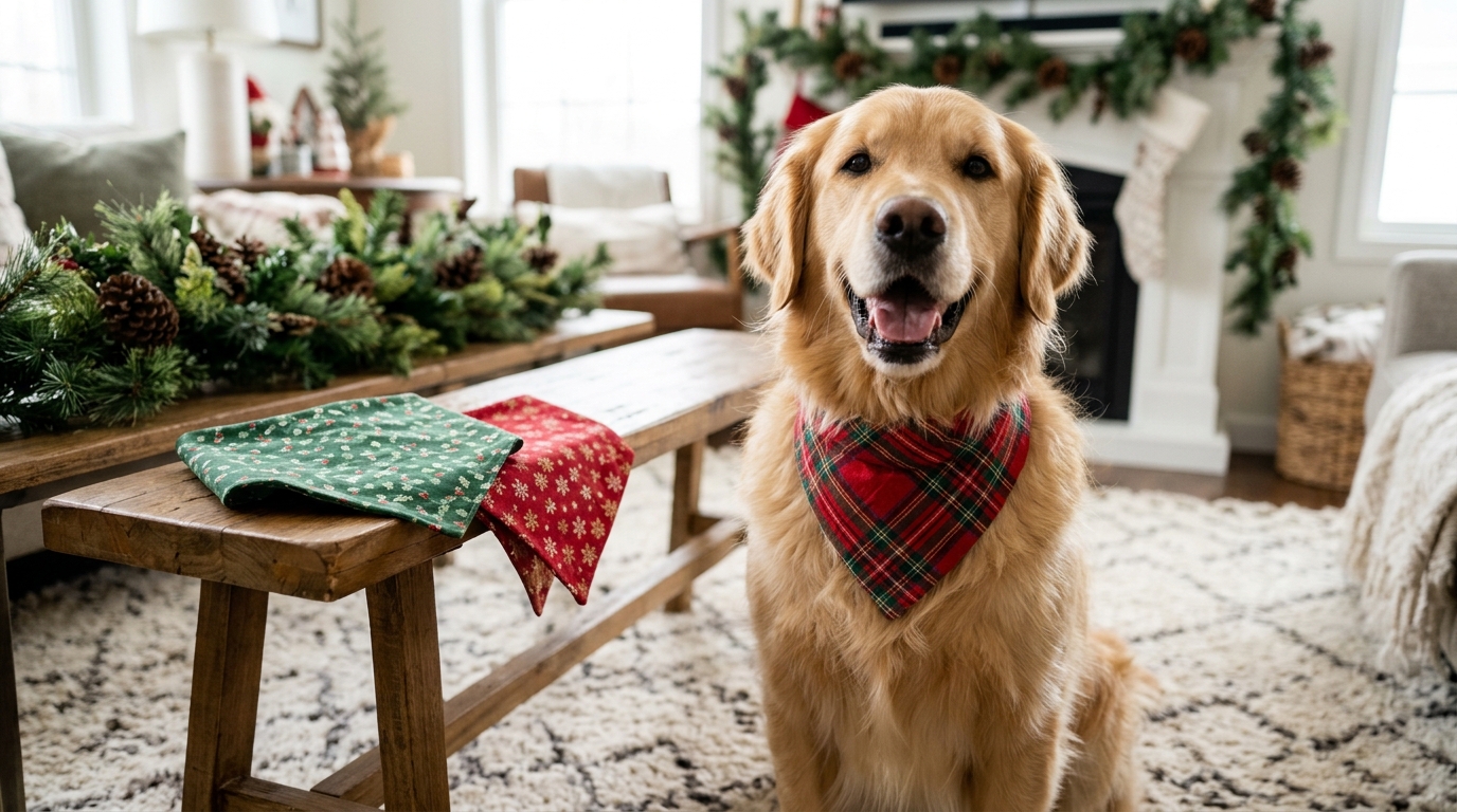 Golden retriever in a red and green plaid bandana beside two folded holiday print bandanas