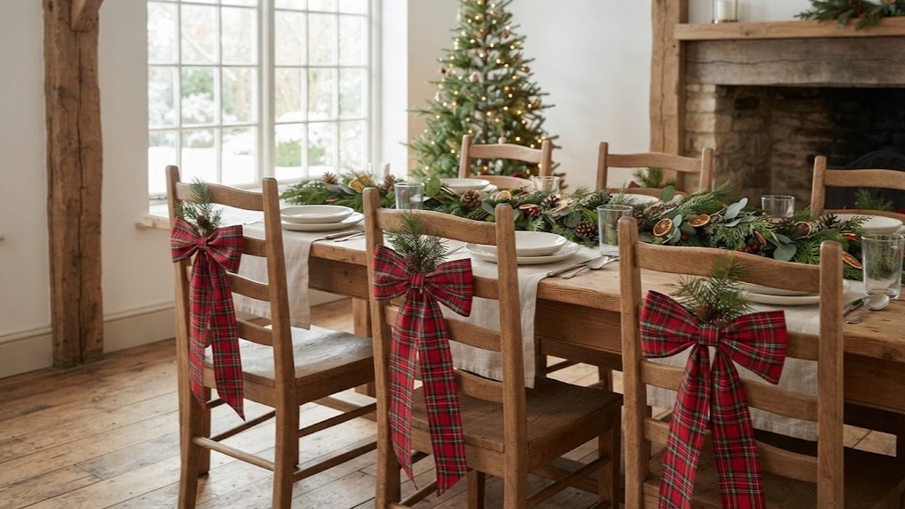 Wooden dining chairs tied with red tartan ribbon bows and pine sprigs for Christmas dinner
