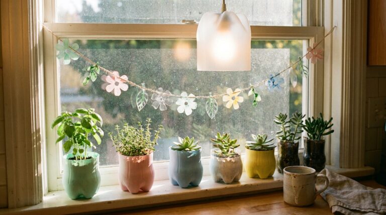 Plastic bottle upcycles: pastel painted bottle planters, a cut bottle flower garland and a bottle lamp shade on a sunny windowsill