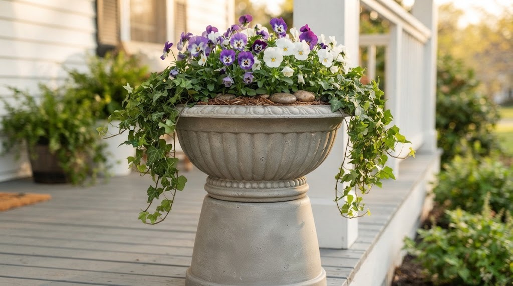 Pedestal urn planter made from a plastic bowl and pot painted like stone