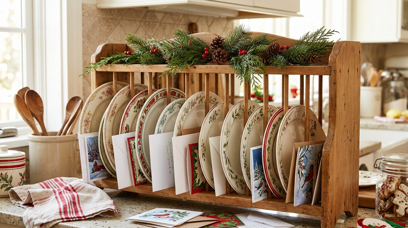 Wooden plate rack with vintage plates and Christmas cards tucked between them