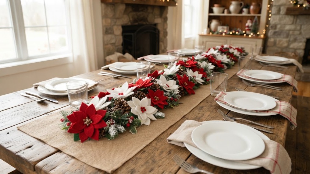 Poinsettia Christmas decor table runner with felt flowers and pinecones