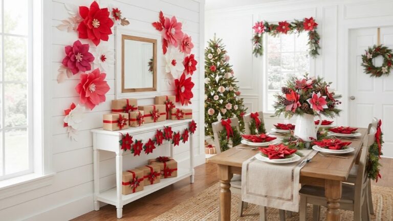 Poinsettia Christmas decor with giant paper blooms, a felt garland, folded napkins and ribbon bows