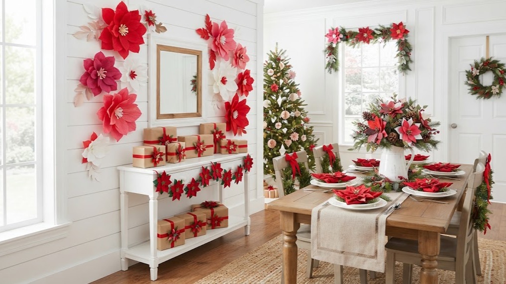 Poinsettia Christmas decor with giant paper blooms, a felt garland, folded napkins and ribbon bows
