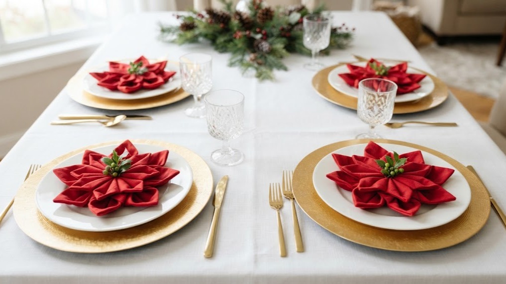 Poinsettia Christmas decor napkins folded on white plates with gold chargers