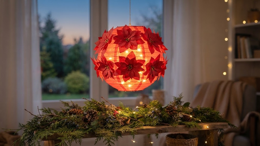 A round paper globe lantern covered in red napkin poinsettias and glowing with LED lights