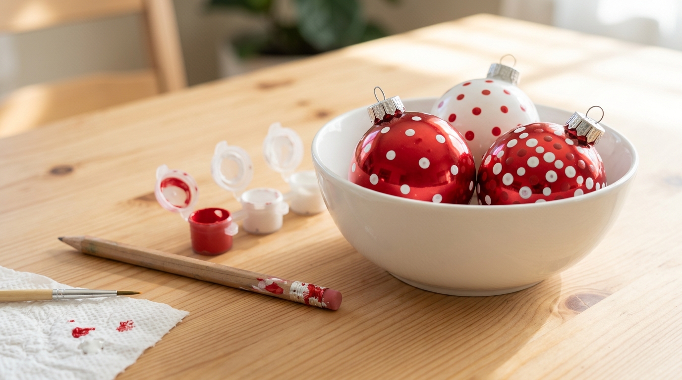 Red and white polka dot baubles in a bowl like peppermint candy