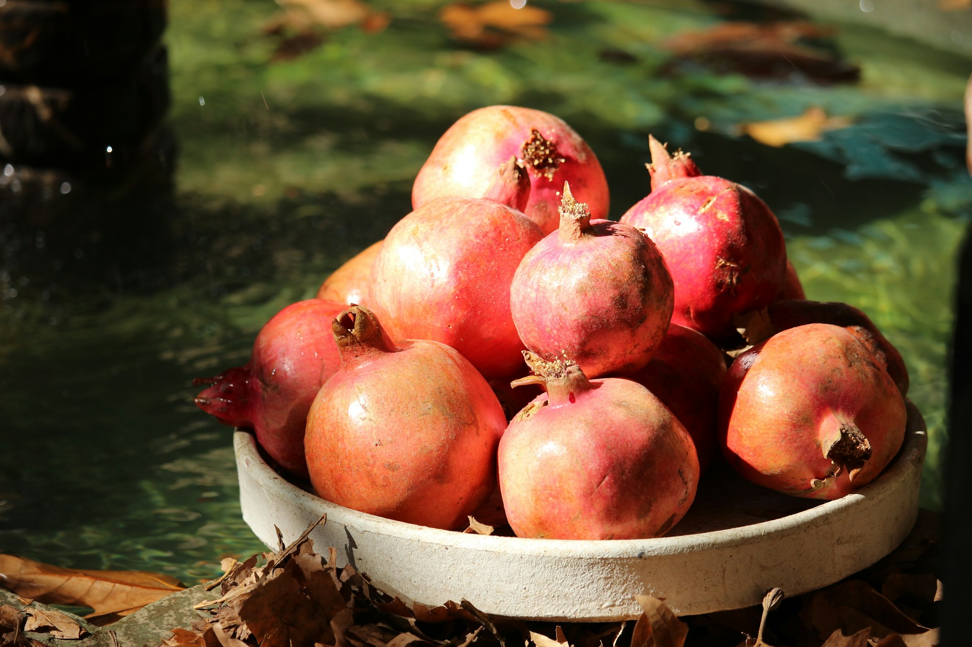 Burgundy Christmas decor bowl of deep red pomegranates