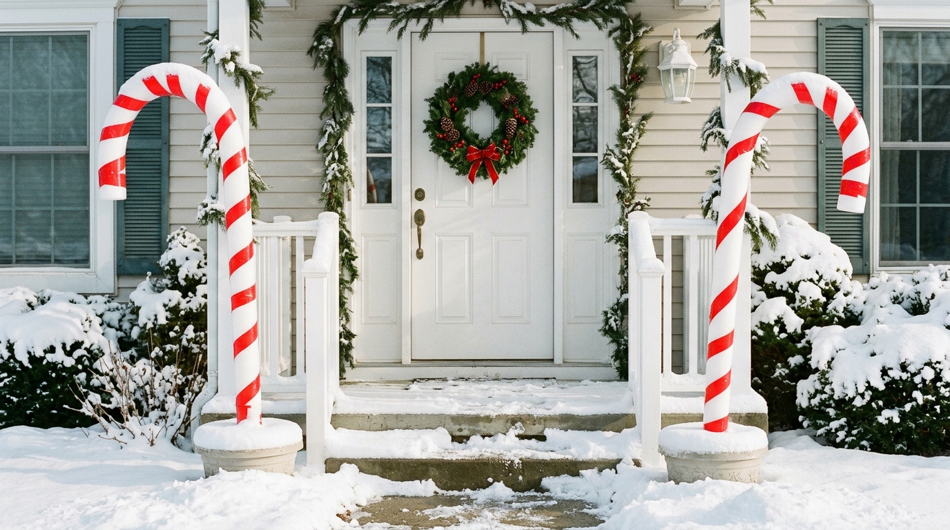Giant candy canes made from pool noodles and red tape beside a white front door