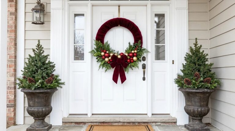 Pool noodle Christmas wreath wrapped in burgundy velvet on a white front door