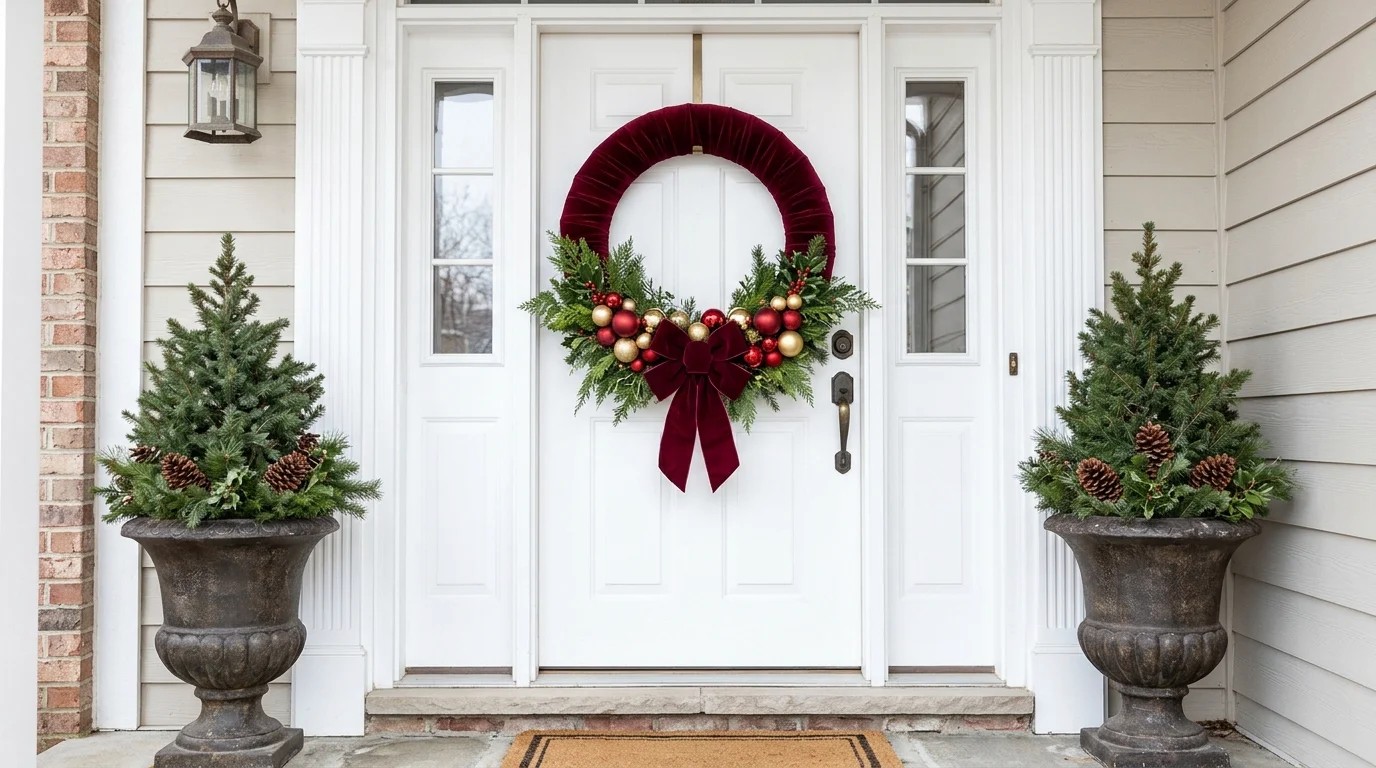 Pool noodle Christmas wreath wrapped in burgundy velvet on a white front door