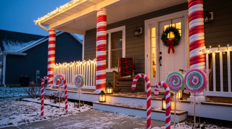 Pool noodle DIYs on a holiday porch: candy cane pillars, giant candy cane and lollipop stakes and string lights at dusk