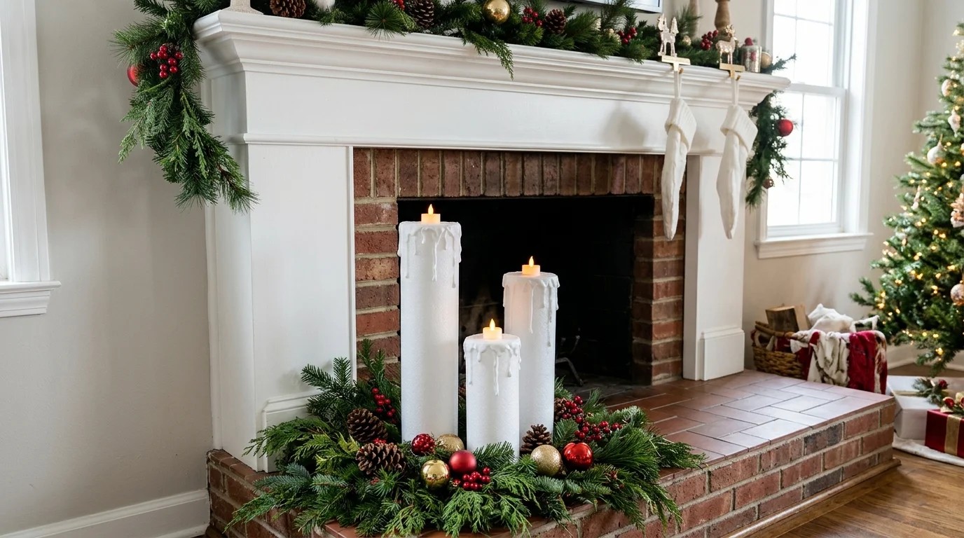 Faux candle columns made from pool noodles with battery tea lights