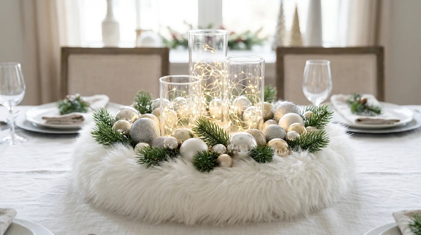 Pool noodle Christmas centerpiece ring wrapped in white faux fur