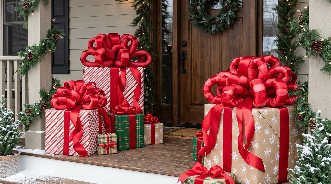 Pool noodle Christmas giant bows on wrapped porch gifts