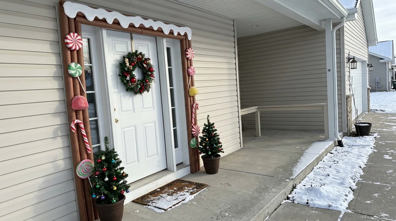 Front door trimmed like a gingerbread house with pool noodles