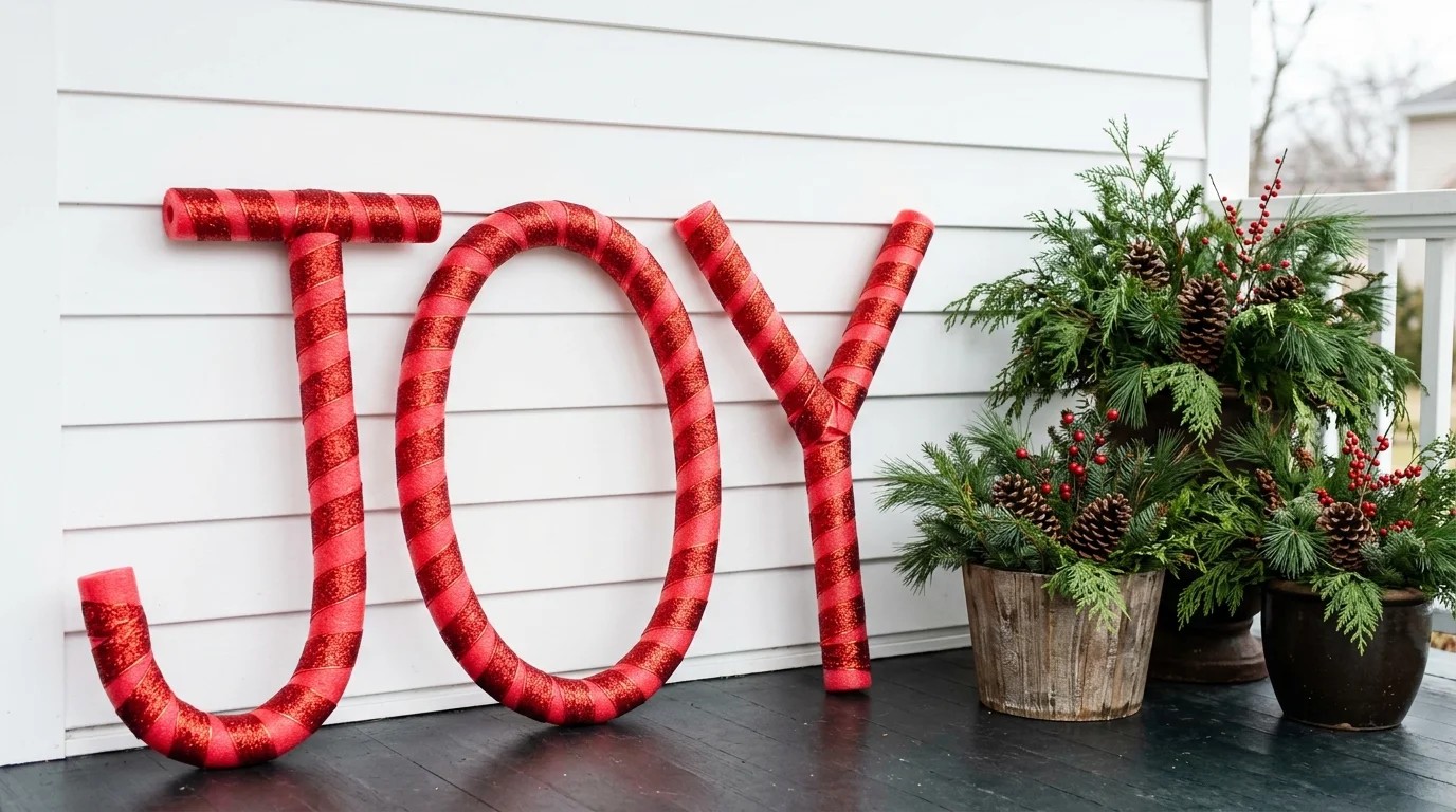 JOY letters made from red pool noodles on a porch