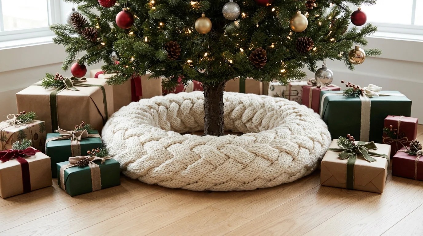 Knit covered pool noodle ring used as a tree skirt
