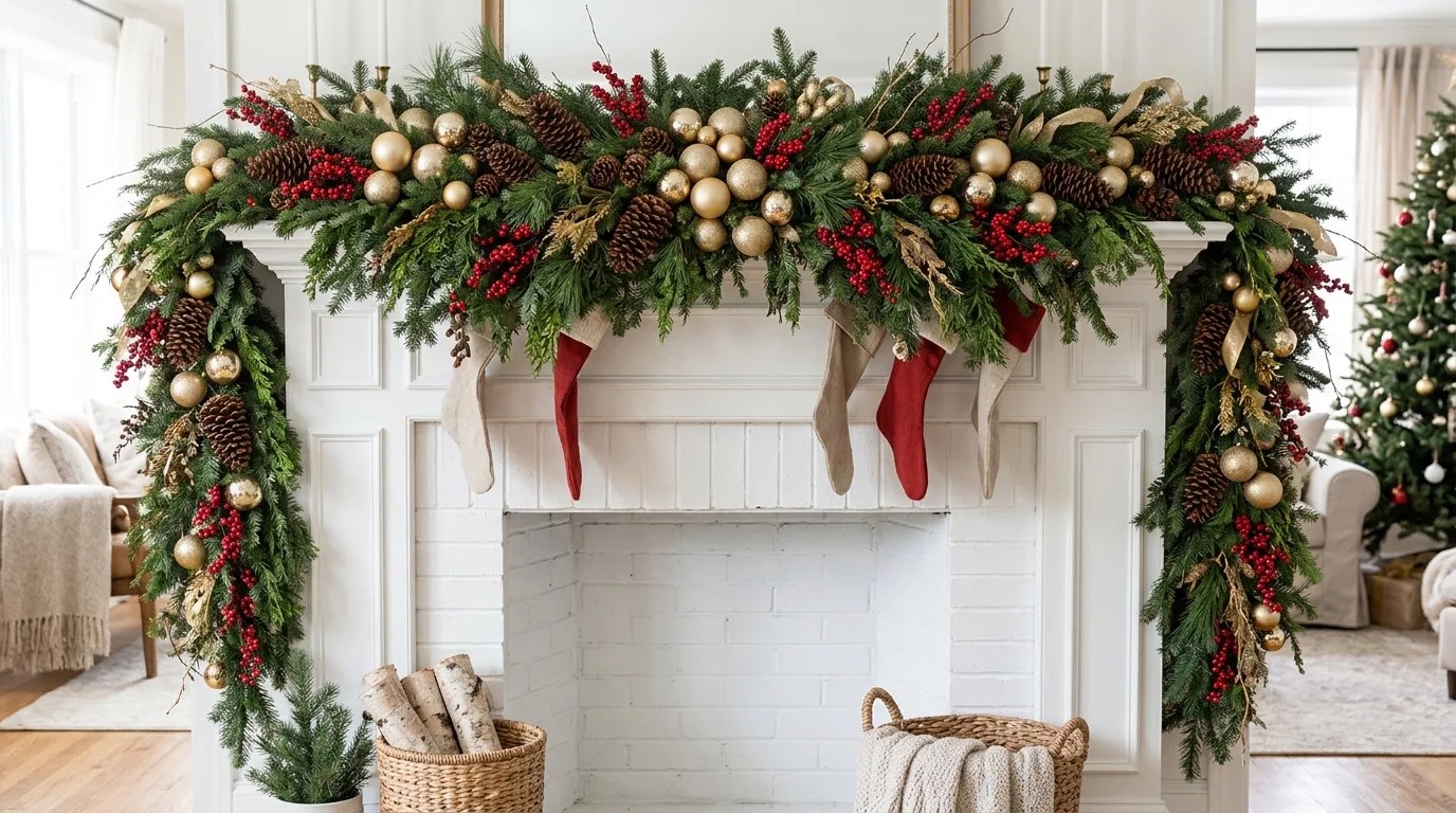 Thick mantel garland built over a pool noodle base