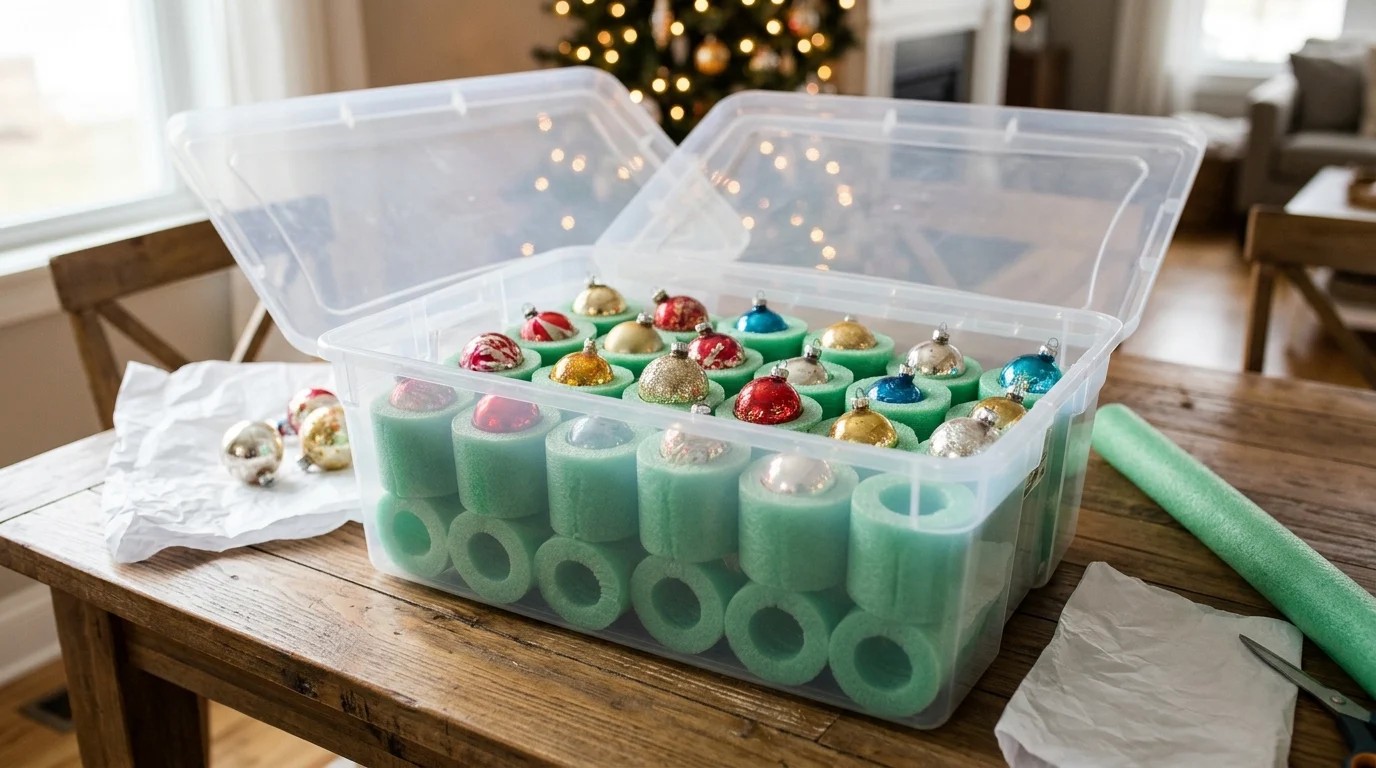 Ornaments stored safely in cut pool noodle rings in a clear bin